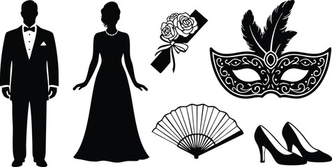 Elegant vector art of formal couple silhouettes with masquerade mask fan roses clutch and high heels for classic black tie ball party theme