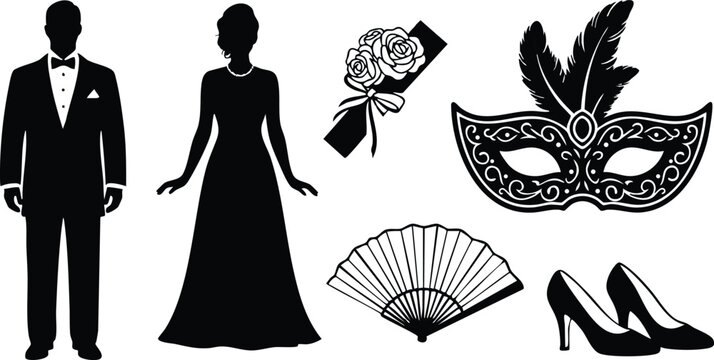 Elegant vector art of formal couple silhouettes with masquerade mask fan roses clutch and high heels for classic black tie ball party theme - Powered by Adobe