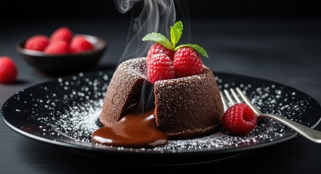 Delectable Chocolate Lava Cake: A warm, rich chocolate lava cake, topped with fresh raspberries and a sprig of mint, invites indulgence. The dark chocolate ganache flows invitingly onto the plate.
