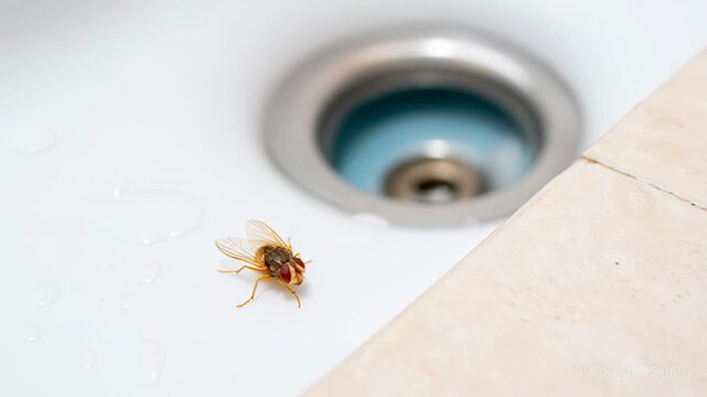Close up shot of a lone fruit fly with vibrant red eyes perched next to a sink drain. The tiny insect is meticulously cleaning itself on the damp, white countertop