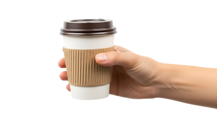 Hand holding a coffee cup with sleeve isolated on transparent background