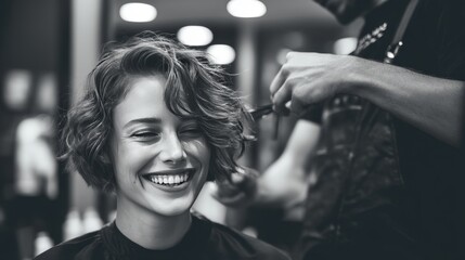 A woman with curly hair smiles brightly while sitting in a salon chair. A hairstylist carefully cuts her hair and soft lighting creates a warm atmosphere.
