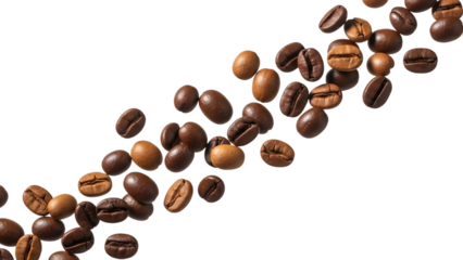 Scattered roasted coffee beans isolated on transparent background