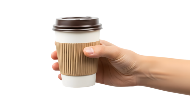 Hand holding a coffee cup with sleeve isolated on transparent background - Powered by Adobe