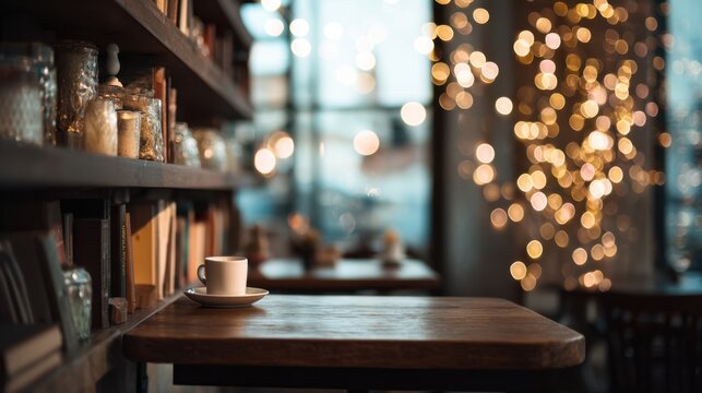 A warm cup of coffee rests on a wooden table in a cozy cafe. Soft lights create a welcoming atmosphere. Nearby shelves filled with books add to the charm of the space.