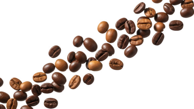 Scattered roasted coffee beans isolated on transparent background