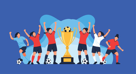 A team of female soccer players celebrating their championship victory with a large golden trophy on a blue background.