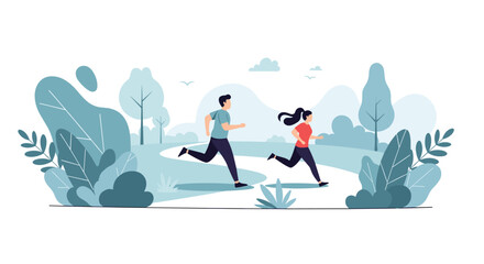 Obraz premium A young man and woman are jogging together on a path in a city park for their daily fitness and healthy lifestyle.