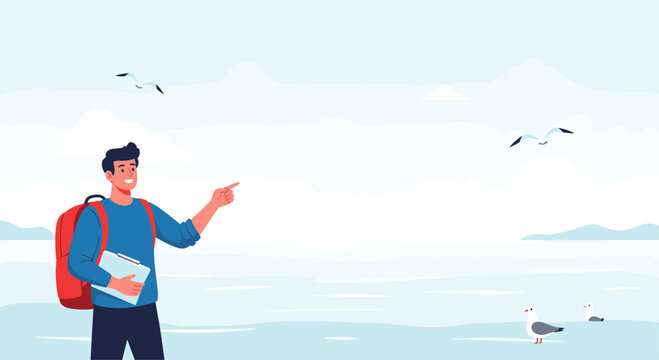 A young male tourist with a backpack is standing by the sea with seagulls and pointing towards a travel destination. - Powered by Adobe
