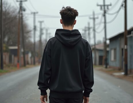 Young man stands with back to camera wearing plain black hoodie. Empty street background provides space for text or logos. Casual urban fashion, street style.