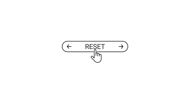 Hand cursor clicking on a rounded button with the word RESET and arrows on a white background reset