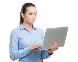 Professional woman standing, typing on a modern laptop, focused on digital tasks for efficient business workflow.