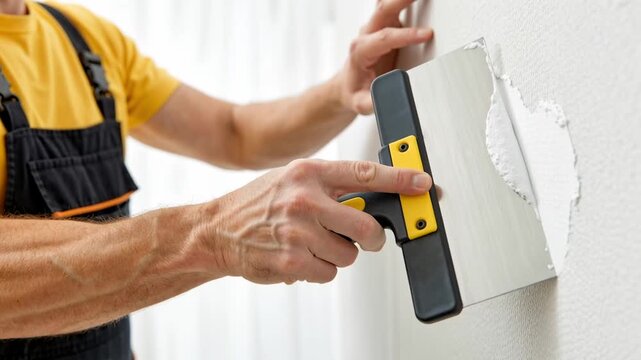 close up of a construction worker applying plaster with a wide spatula to fill and smooth a hole in a white interior wall