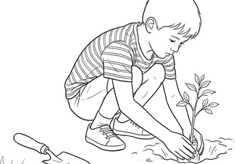 Black and White Line Art Drawing of a Young Boy Carefully Planting a Small Sapling in Soil, Gardening, Environment Conservation, Outline Vector Illustration, Nature Sketch