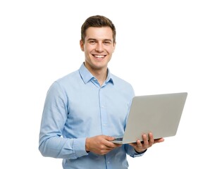 Smiling young man in blue shirt holding laptop, looking at camera on white background. professional, technology.