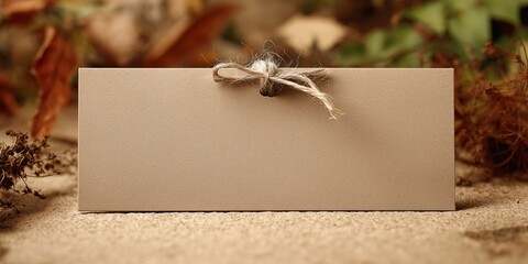 a blank, long rectangular gift certificate mockup tied with simple twine, placed on a kraft paper background