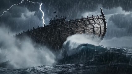 Dramatic scene of Noah's Ark battling a stormy sea with lightning strikes, perfect for illustrating resilience, faith, or historical events