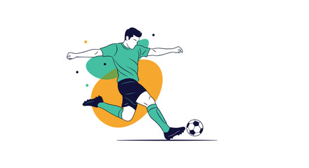 Obraz premium A dynamic illustration of a male soccer player in a green uniform kicking a football with power and abstract shapes.