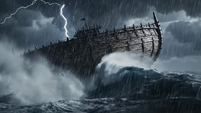 Dramatic scene of Noah's Ark battling a stormy sea with lightning strikes, perfect for illustrating resilience, faith, or historical events