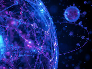 Abstract digital network of glowing blue and purple spheres