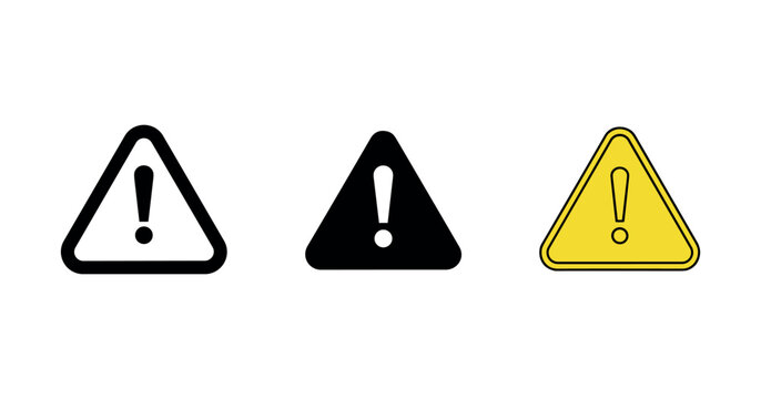 Set of three warning signs: black, white, and yellow triangle exclamation marks