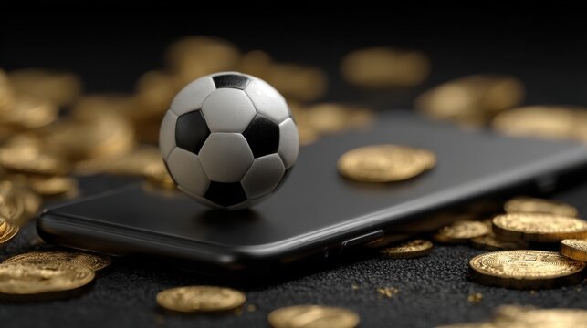 A small soccer ball rests on a black smartphone surrounded by numerous shiny gold coins. This scene combines sports enthusiasm with financial elements creating an engaging visual contrast. - Powered by Adobe
