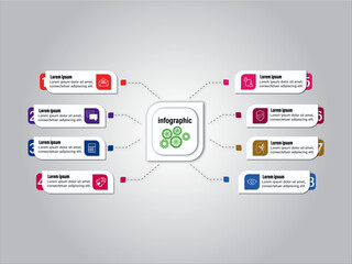 A detailed business infographic template showcasing eight numbered steps or options with unique icons, perfect for data presentation and workflow visualization.