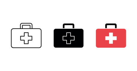 Obraz premium Minimalist first aid kits in black, white, and red with cross symbols