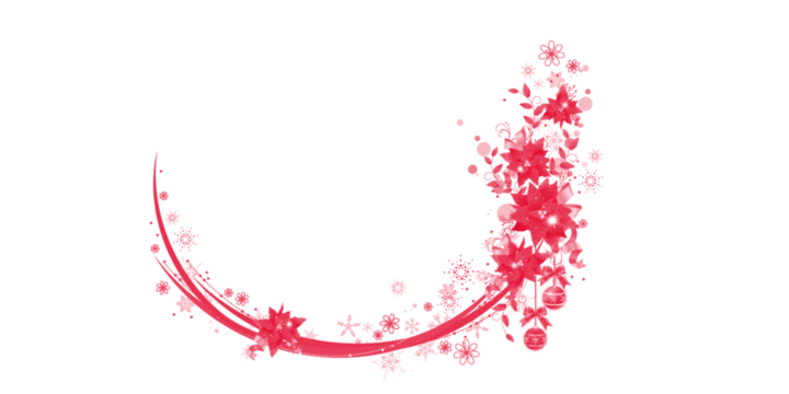 Red floral Christmas corner frame with festive ornaments and snowflakes. Bright decorative holiday accent for winter themed projects. Ideal for greeting cards, invitations, and seasonal designs. 