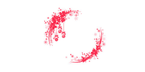 Red floral Christmas circle frame with festive ornaments and soft decorative accents. Elegant seasonal border design featuring hanging baubles and winter details. Ideal for holiday cards, invitations,