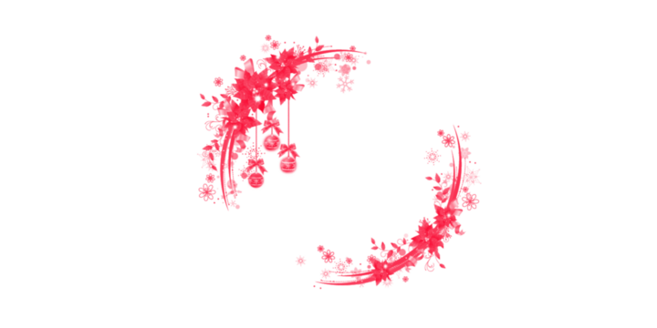 Red floral Christmas circle frame with festive ornaments and soft decorative accents. Elegant seasonal border design featuring hanging baubles and winter details. Ideal for holiday cards, invitations,