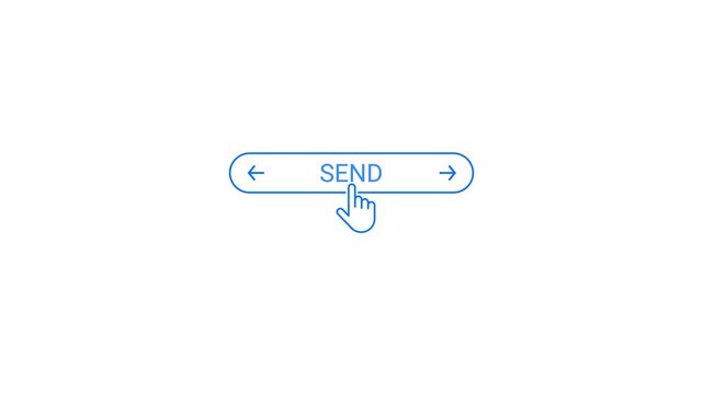 Blue send button with hand cursor clicking on white background image photo
