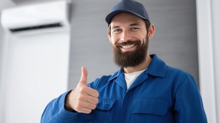A man in a blue uniform and cap stands in a well lit modern space smiling and giving a thumbs up. He displays confidence and satisfaction in his work environment.