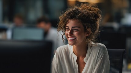 In a bustling office filled with soft lighting a young woman with curly hair smiles while focused on her work at a computer. The atmosphere feels professional yet warm.