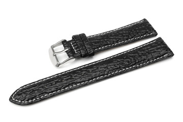 Black leather watch strap on white background