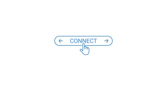 Blue line art cursor hand clicking on an oval button with the word CONECT and arrows on a white background