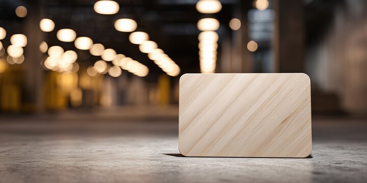 A blank gift card mockup printed on a very thin wooden veneer, placed on a smooth, gray concrete surface. The background is a soft, industrial blur