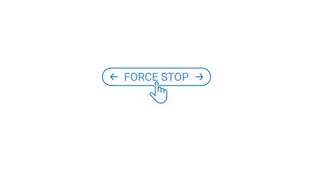 Blue cursor hand icon hovering over a rounded button with the text FORCESTOP and arrows on a white background