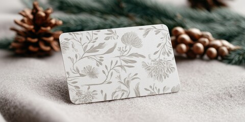 A blank gift card mockup with a beautiful, hand-pressed floral pattern (subtle), resting on a clean, light gray felt surface