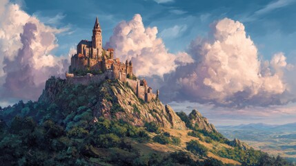 Obraz premium A grand castle stands atop a rocky mountain its towers reaching for the sky. Lush trees surround the base while fluffy clouds drift above creating a picturesque scene on a sunny day.