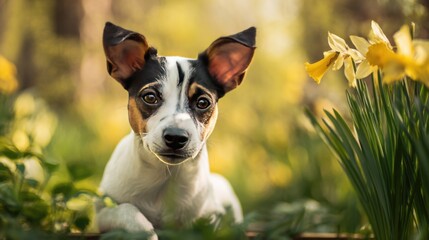 A curious puppy explores a sunny garden surrounded by bright yellow flowers and lush green plants. The atmosphere feels cheerful and lively embodying the joy of spring.