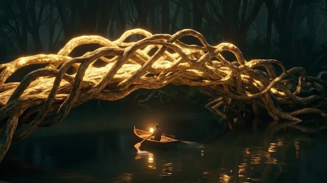 Person in a small boat holding a lantern, gliding beneath a glowing, woven root bridge through a dark, mystical forest river at night, a serene, otherworldly journey