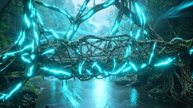 Intertwined tree roots form a natural bridge over a flowing river in a mysterious dense forest, showing vibrant bioluminescent glow along the roots creating a magical enchanting scene