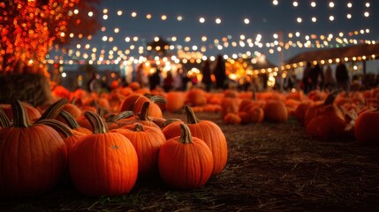 At a pumpkin patch festival in the evening numerous bright orange pumpkins cover the ground while colorful lights glow above creating a festive atmosphere. Families enjoy the harvest season.