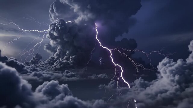 Dramatic storm with lightning strikes illuminating dark clouds for impactful weather footage and dynamic nature scenes, perfect for cinematic visuals