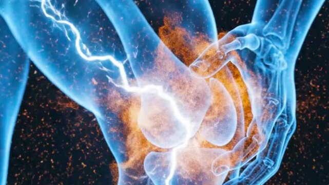 Blue x ray image of a human leg and hand with bright light at the knee joint area visible now