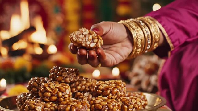 Close up of Woman Taking Peanut Chikki from Golden Plate against Blurry Candles on Diwali with Red Sari and Golden Bangle Stack in Festive Setting