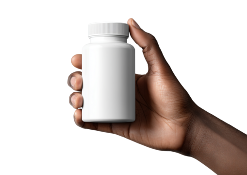 Hand Holding White Supplement Bottle isolated on transparent background