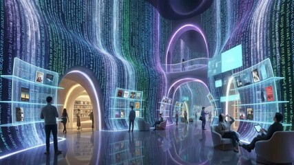 People are exploring and reading content from innovative digital displays within a modern, technologically advanced library featuring flowing data streams and neon-lit architecture - Powered by Adobe