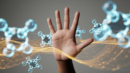 Human hand reaches out amidst network of molecular structures, highlighting scientific advancement and medical breakthroughs in a cutting-edge technology field